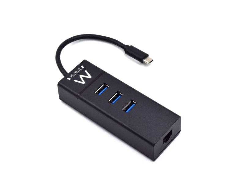 Adaptador USB-C Ewent EW1141 3-Port USB 3.1 Gen 1 + RJ45 Preto