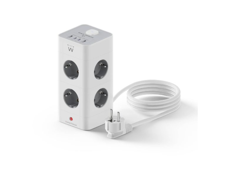 Bloco Tomada Ewent EW3864 Power Tower 8 Tomadas Schuko 16A + 2 USB-A + 2 USB-C 2m Branca/Cinza