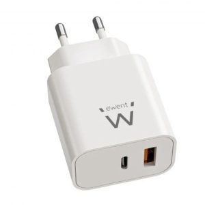 Carregador Ewent Rápido USB-C PD e USB-A QC de 20W GaN Branco