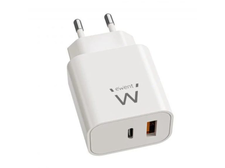 Carregador Ewent Rápido USB-C PD e USB-A QC de 20W GaN Branco
