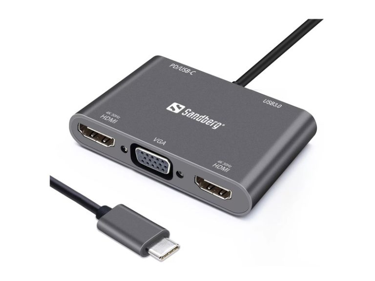 Caixa1--Dock USB-C Sandberg 2xHDMI+VGA+USB+PD 100W