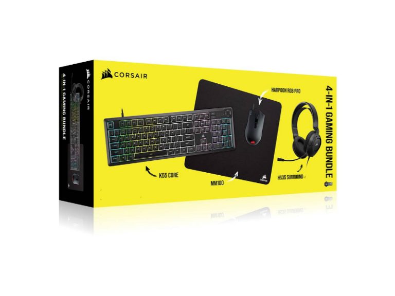 Bundle Corsair 4-in-1 Gaming Teclado K55 Core RGB (PT) + Rato Harpoon RGB Pro 12000DPI + Headset HS35 Surround v2 + Tapete de Rato M